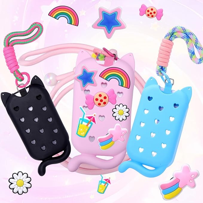 Juome Hand Sanitizer Spray Case for Touchland with Adjustable Keychain Lanyard & Charms, Cat Silicone Protective Holder for Touch Land Mist Case 1FL. OZ, Travel Cover Sleeve Accessory - Pink