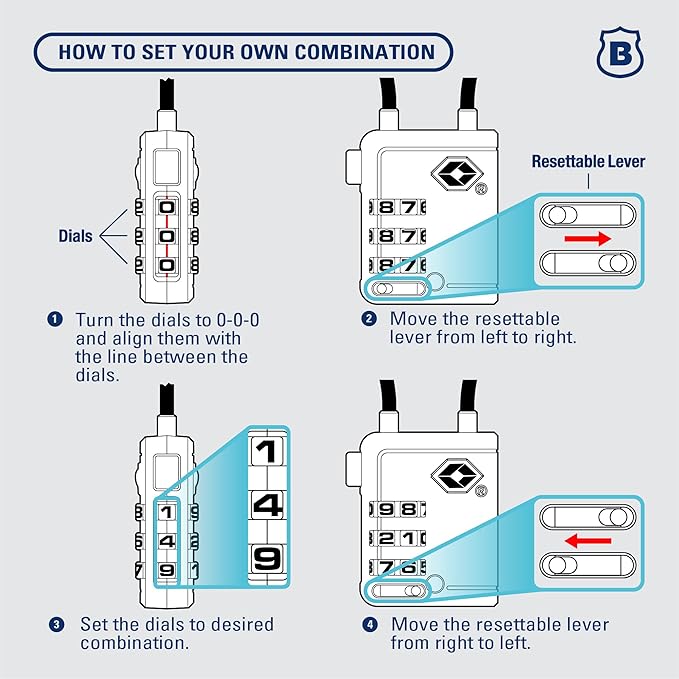 Brinks TSA Accepted Indicator Luggage Lock, Blue - Resettable 3-Dial Combination, 2.5 inch Long Cable Shackle, New More Secure TSA008 Key, 4 Pack