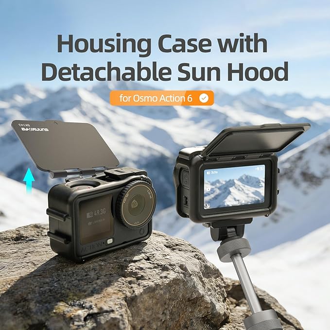 Action 6 Camera Cage Frame with Sun Hood, Protective Frame Housing Case with Detachable Screen Protective Sunshade for DJI OSMO Action 6 Accessories