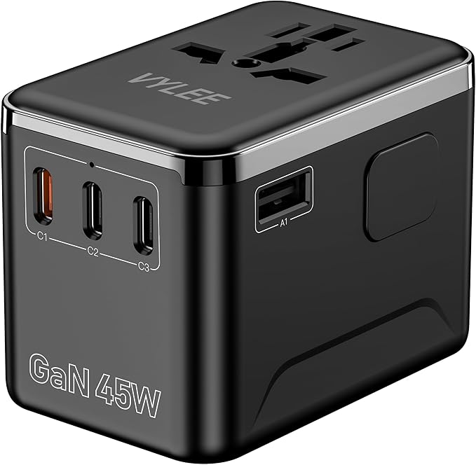 VYLEE Universal Travel Adapter, PD45W GaN International Power Adapter with 3 USB C and 1 USB A Charging Ports, All in One Power Outlet, Worldwide Plug Adapter for US to European UK AUS Ireland