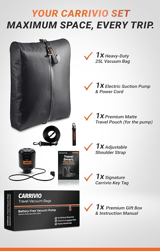 Vacuum Seal Bags for Clothing Travel - Lifetime Valve Warranty, Waterproof - Travel Vacuum Bags with Pump, Packing Cubes Compression - Pack Smarter, Save Space with Plug-In Power (Large, 1 Count)