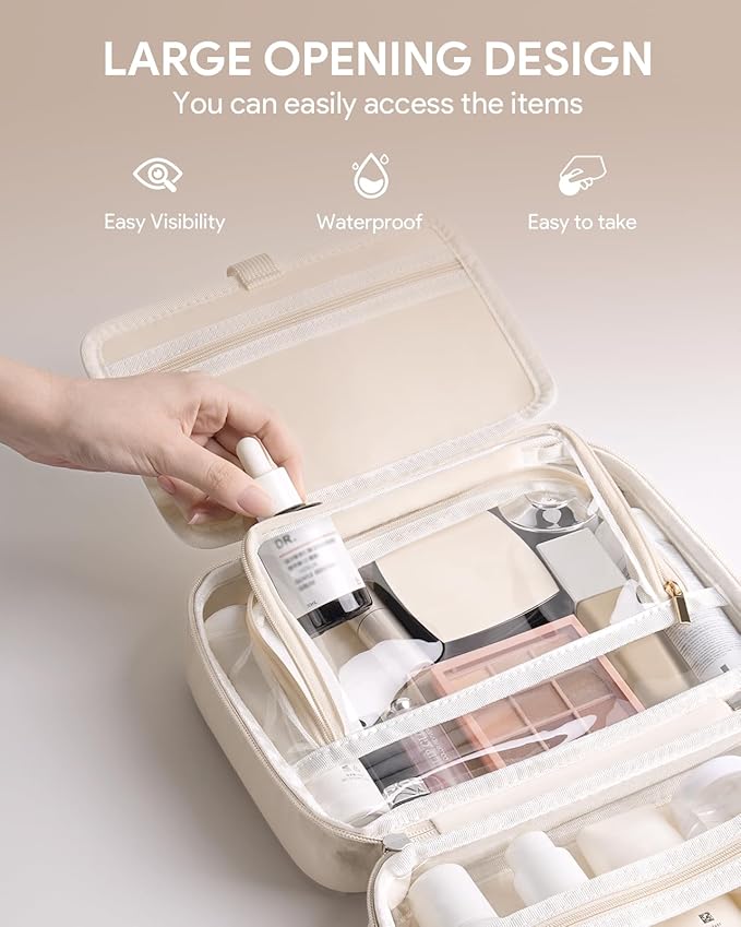 Lotour Travel Toiletry Bag for Women with Travel Size Silicone Containers Set, Hanging Toiletry Bag for toiletries, Cosmetic Bag Travel Organizer (White)