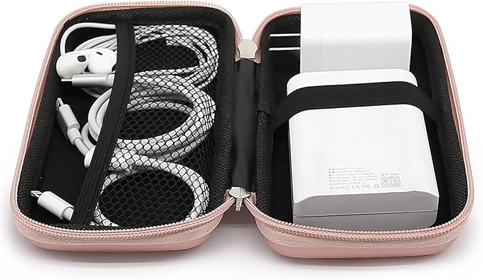iMangoo Travel Essential Electronics Organizer Pouch Charger Case, Shockproof Dual Zipper Power Bank Cables Tech Accessories Purse, Men & Women Travel Must Have Storage Bag, 6.5x3.2x1 inch Rose Gold