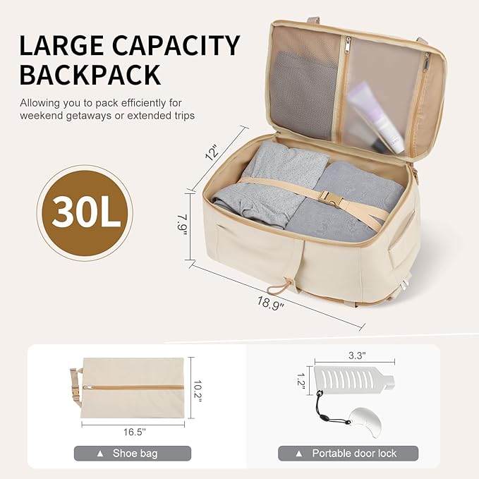 Carry on Travel Backpack, Flight Approved Personal Item Bag for Men Women, Door Lock, USB A/C Port, Shoe Bag, Fits 16" Laptop, Beige