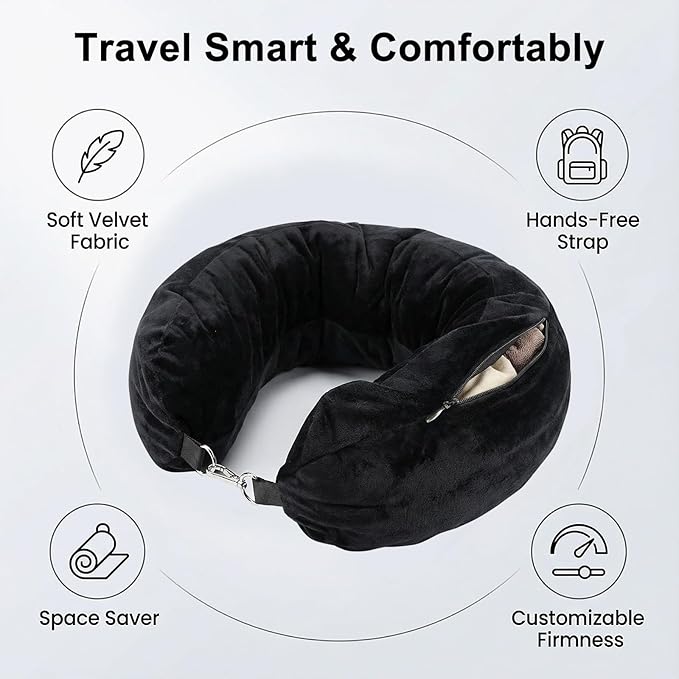 Stuffable Travel Neck Pillow, Soft Velvet Fillable Airplane Pillow for Clothes, Adjustable Neck Fit, Carry-On Packing Luggage Saver