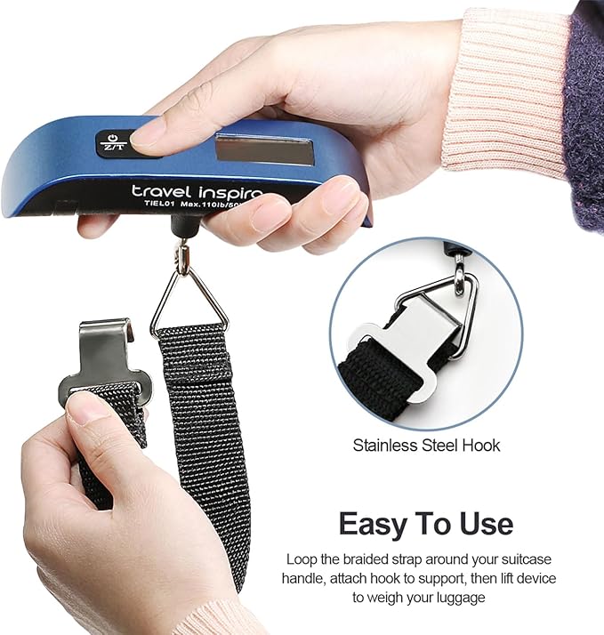 travel inspira Luggage Scale, Portable Digital Hanging Baggage Scale for Travel, Suitcase Weight Scale with Rubber Paint, 110 Pounds, Battery Included - Blue