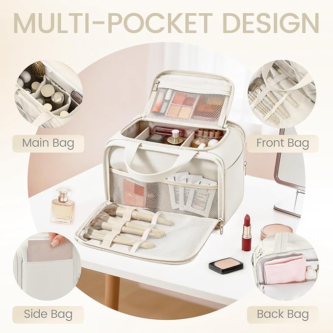 Travel Makeup Bag,Puffy Toiletry Bag for Women,Cosmetic Travel Bag Lightweight,Toiletries Organizer with Trolley Sleeve,White