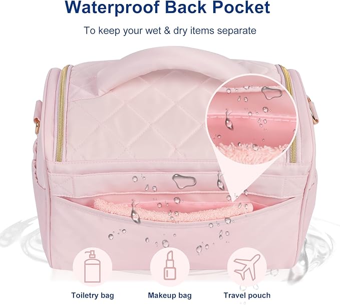 GR69N Travel Toiletry Bag Large Cosmetic Makeup Bag Organizer for Women,Wide-open Make Up Bag Waterproof Makeup Case Travel Bag with Handle and Dividers for Toiletries,Essentials,Accessories,LT Pink