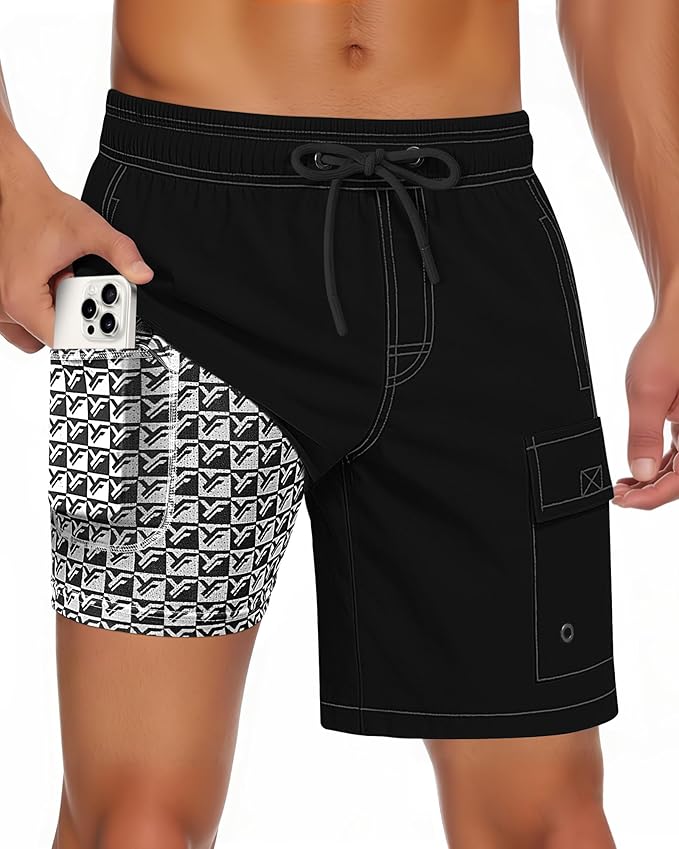 Men Swim Trunks with Compression Liner Quick Dry Breathable Multi Pockets for Summer Beach Cruise Water Park
