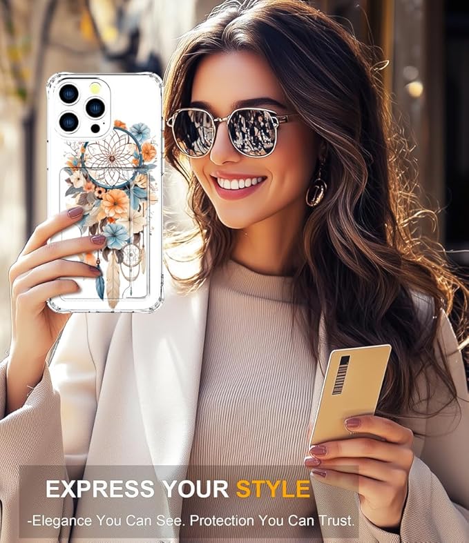 Compatible with iPhone 16 Pro Case Card Holder for Women Cute Design,Wallet Phone Cases Transparent Cool Kawaii Protective (Clear Dreamcatcher Dream Cather)