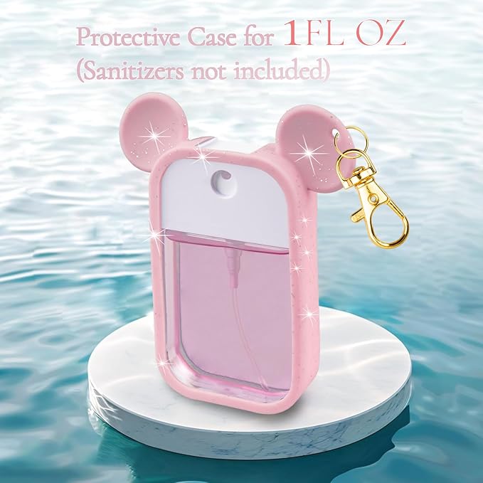 TERPINK 2 Pack Silicone Case Compatible with Touchland Hand Sanitizer Spray 1 fl oz, Mouse Design Protective Case with Keychain, Hand Sanitizer Spray Accessory (Glitter Sequin Black+Pink)
