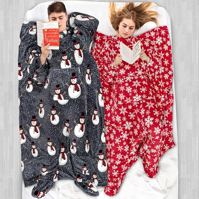 PAVILIA Fleece Blanket with Sleeves, Foot Pockets for Women Men Adults, Plush Wearable Blanket Throw Wrap, Warm Snuggle Blanket Robe, Cozy Gift Ideas Wife Mom, Snowflake Red