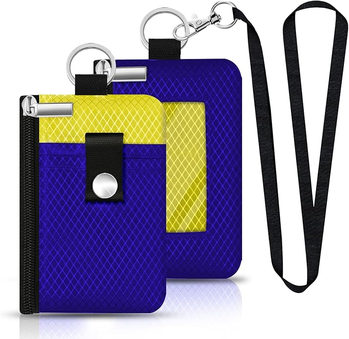 Minimalist RFID Blocking Small Wallet with ID Window,WaterResistant Zip Id Case Wallet with Lanyard Keychain for Cards,Cash,Travel,Women,Men (Sapphire Blue/Lemon Yellow)