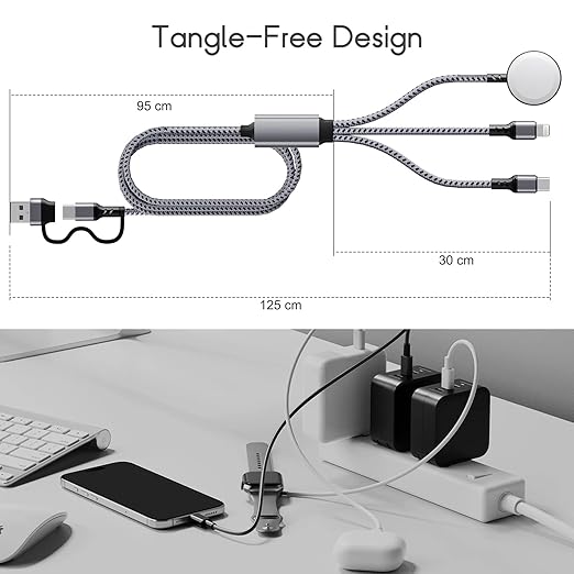 3-in-1 USB C Travel Charging Cable for Apple Watch, iPhone, Lightning Devices, Multi Device Charger Cord for Office, Camping