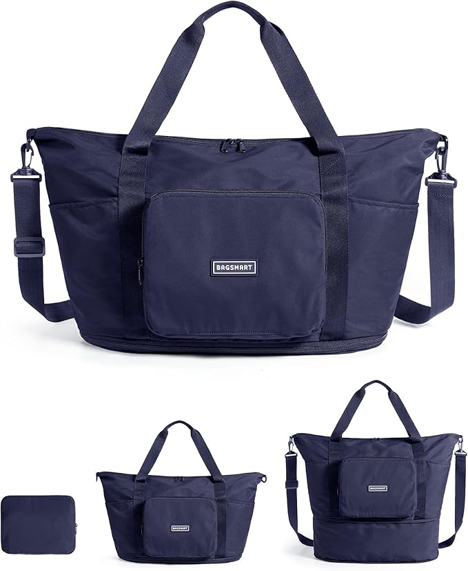 BAGSMART Foldable Travel Bag, 37L Expendable Personal Item Bag, Lightweight Weekender Bags for Women, Water Resistant Extra Carry on for Travel, Navy Blue