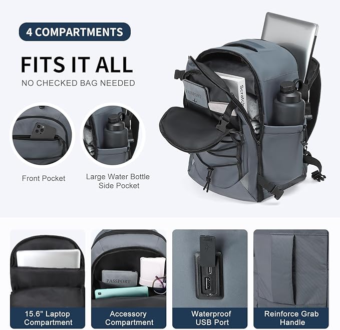 Carry on Travel Backpack, Flight Approved Personal Item Bag for Men Women, Door Lock, USB A/C Port, Shoe Bag, Fits 16" Laptop, Gray