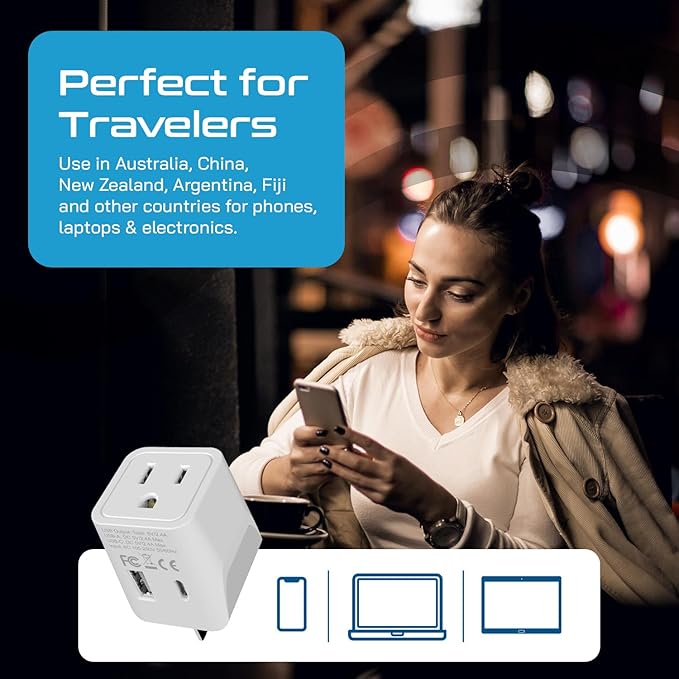 Ceptics Australia, New Zealand, China Travel Adapter Plug - Dual USB Input - Ultra Compact - USA to Type I - Perfect for Cell Phones, Chargers, Cameras, Tablets, and more (CTU-16)
