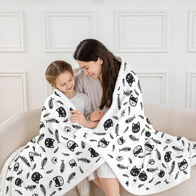 Cute Cats Kids Throw Blanket,Cartoon Cats Pets Paws Print Bed Blanket for Girls Boys Adults,Lovely Animals Kawaii Fleece Blanket,Black White Fuzzy Blanket,Baby Size (30 x 39 Inches)