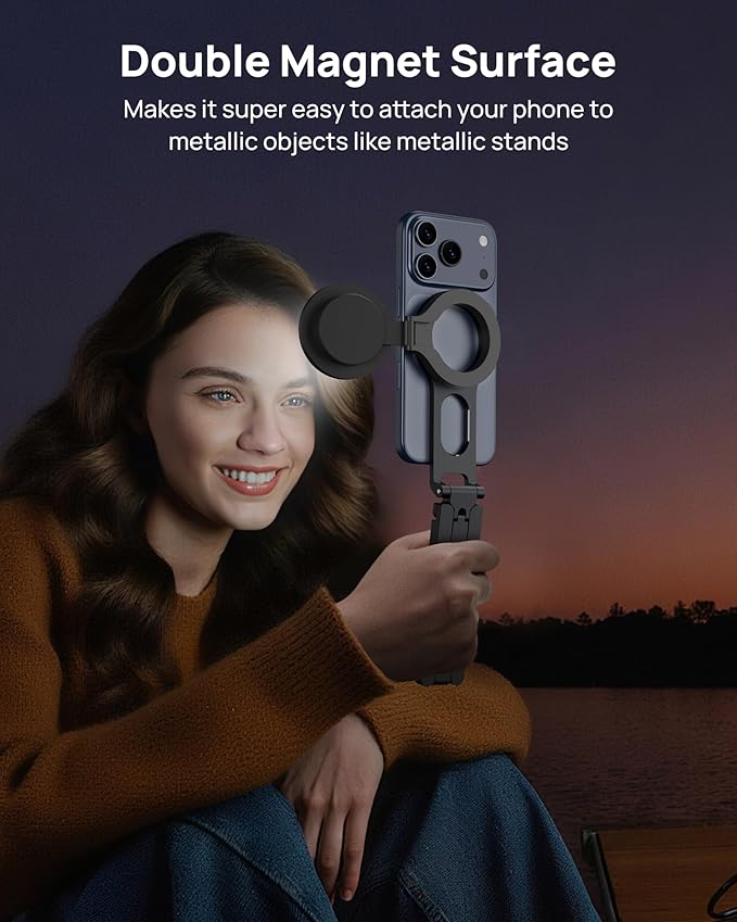 SODI Magnetic Phone Tripod Stand for iPhone - Strong Magnet Foldable Cell Phone Stand for Vlog, Gym, Travel Essentials, Mini Tripod Phone Stand Compatible with iPhone 17 16 15 14 13 12 Series (Black)