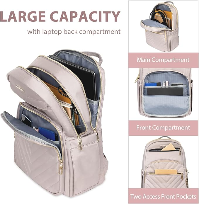 VANKEAN 17.3 Inch Laptop Backpack for Women Work Laptop Bag Fashion with USB Port, Waterproof Backpacks Stylish Travel Bags Casual Daypacks for College, Business, Light Dusty Pink