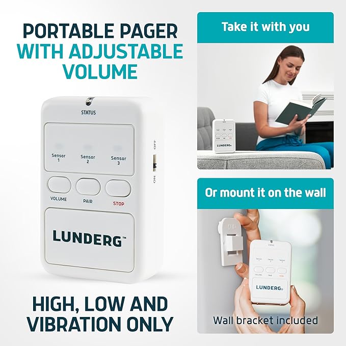 Lunderg Wireless Bed & Chair Alarm Set - Alerts Caregiver Before They Get Up, No in-Room Alarm to Disturb Elderly Loved Ones, Early-Alert Bed Pad, Chair Pad & Pager, Fall Prevention for Dementia Care
