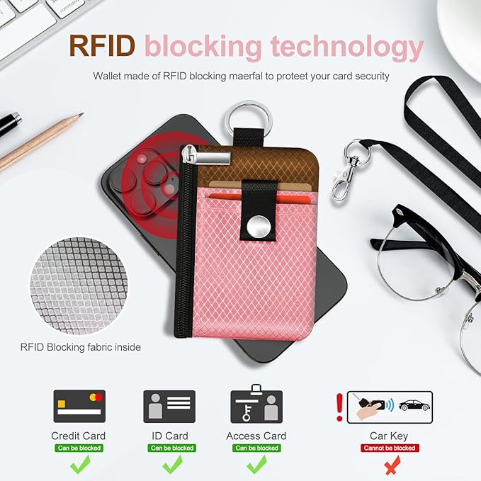 Minimalist RFID Blocking Small Wallet with ID Window,WaterResistant Zip Id Case Wallet with Lanyard Keychain for Cards,Cash,Travel,Women,Men (Pink/Brown)