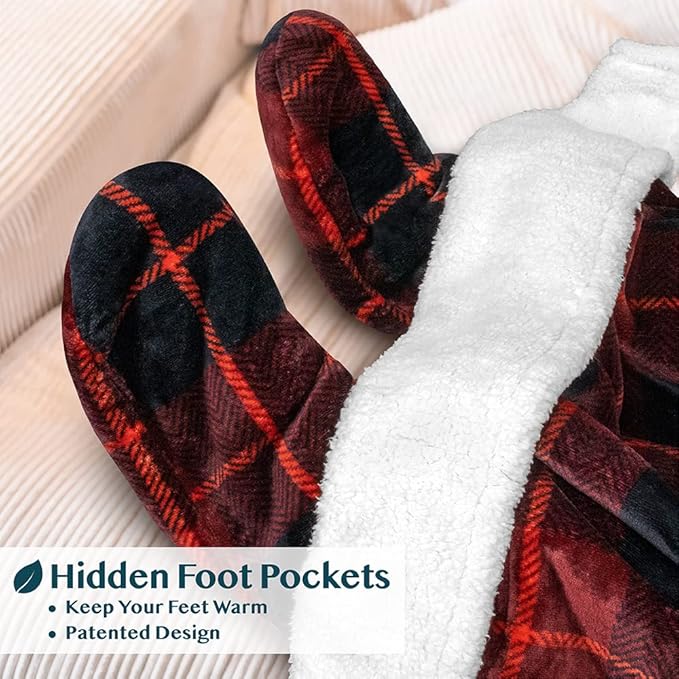 PAVILIA Sherpa Blanket with Sleeves, Foot Pocket for Women Men Adults, Thick Wearable Blanket Throw Wrap, Fleece Warm Snuggle Blanket Robe, Cozy Gift Ideas Wife Mom, Plaid Red