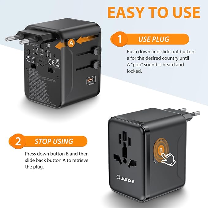 Universal Travel Adapter, International Power Adapter with 35W PD & QC Fast Charging, Travel Plug Adaptor Worldwide with 3 USB-C & 2 USB-A for USA to Europe UK France Germany Australia(Type C/G/A/I)