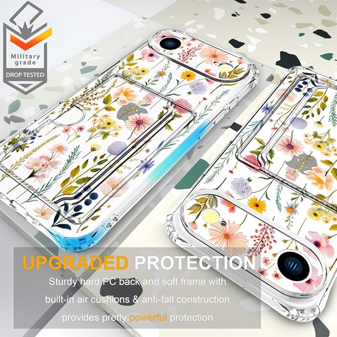 Compatible with iPhone 17 Air Case Card Holder for Women Cute Design,Wallet Phone Cases Transparent Cool Kawaii Protective (Clear Watercolor Floral)