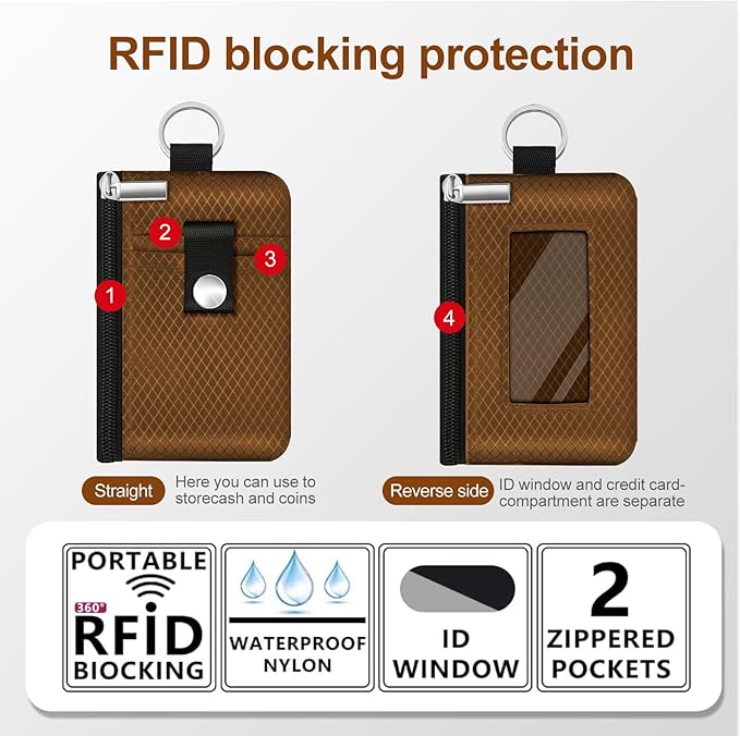 Minimalist RFID Blocking Small Wallet with ID Window,WaterResistant Zip Id Case Wallet with Lanyard Keychain for Cards,Cash,Travel,Women,Men (Brown)