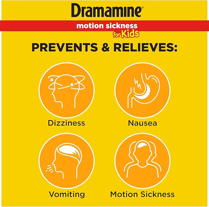 Dramamine Motion Sickness Chewable for Kids, Prevent & Relieve Motion Sickness, Dizziness & Nausea, Grape-Flavored Tablets, 8 Count