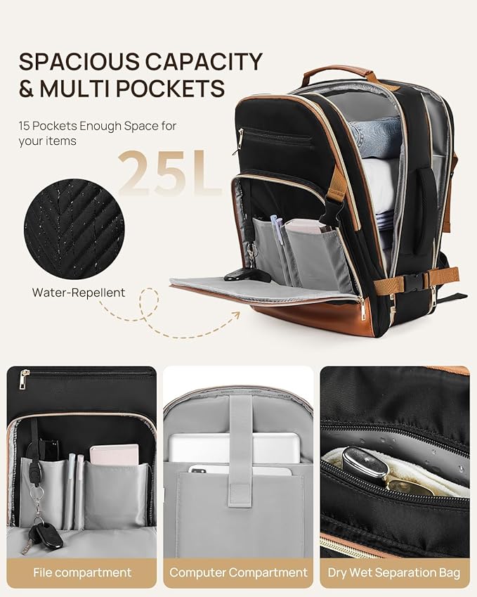 Telena Travel Backpack for Women, 15.6 inch Laptop Backpack TSA Carry on Backpack Personal Item Size Flight Approved Travel Bag Daypack with Multi-Pockets for Work, Travel, Business, Black-Brown