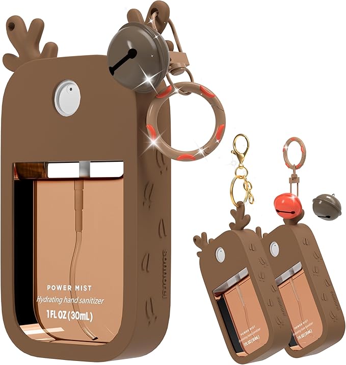 Sonnorel 1 Pack Elk Silicone Case Compatible with Touchland Hand Sanitizer Spray (Fit for 1 FL OZ/30 mL Ver), Portable keychain, Small Bell, Cute Deer Antlers (Brown)