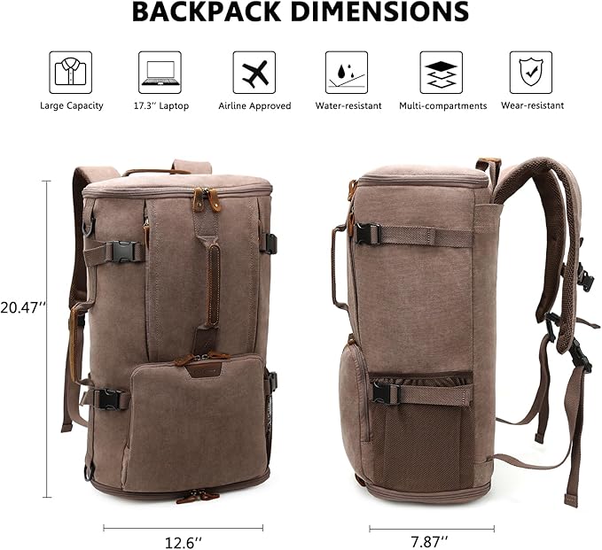 G-FAVOR 40L Travel Backpack, Vintage Canvas Rucksack Convertible Duffel Bag Carry On Backpack Fit for 17.3 Inch Laptop Bag