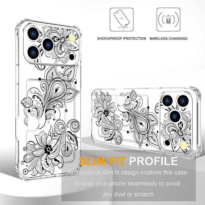 Compatible with iPhone 17 Pro Case Card Holder for Women Cute Design,Wallet Phone Cases Transparent Cool Kawaii Protective (Clear Black Henna Flower)