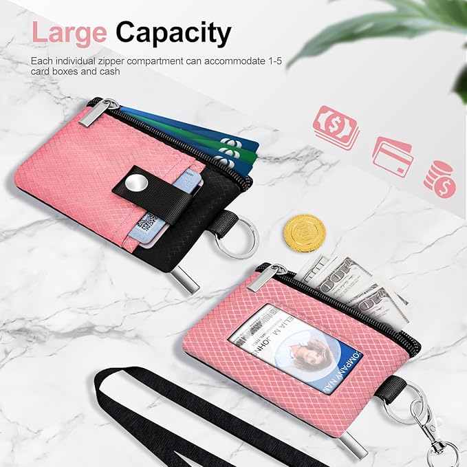 Minimalist RFID Blocking Small Wallet with ID Window,WaterResistant Zip Id Case Wallet with Lanyard Keychain for Cards,Cash,Travel,Women,Men (Pink/Black)