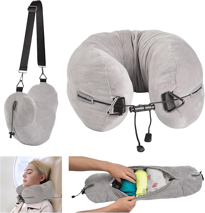 DreamShore Travel Pillow for Extra Luggage: Stuffable Neck Pillow with Adjustable Neck Size | Fits 3+ Days of Travel Essentials | Transformable Carry-On Solution | Soft Velvet Cover | No Filler