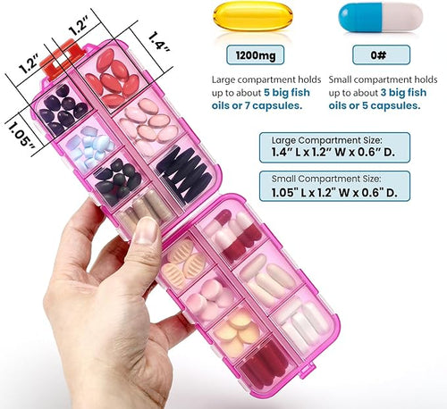 14 GRIDS Travel Pill Organizer Box with Labels - Travel Medicine Case Kit - Pocket Daily Pharmacy Container - Travel Medication Holder Dispenser for Fish Oil Vitamin Supplement Storage - Clear Pink