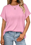 AUTOMET Women's Oversized Short Sleeve T Shirts Casual Drop Shoulder Rolled Cuff Summer Tops for Work, Travel and Lounge