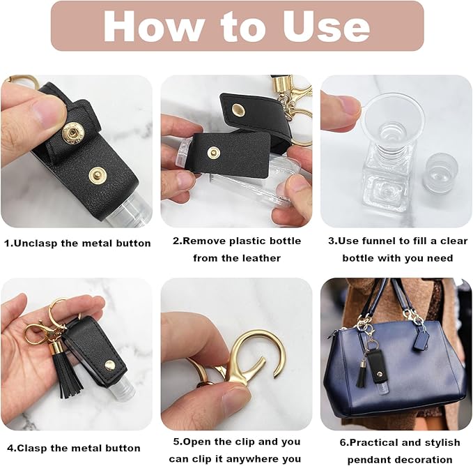 4 Pack Portable Travel Hand Sanitizer Keychain Holder with Funnel, Small Leather Empty Travel Size, 30ml Mini Hand Sanitizer with Refillable Bottle for Toiletry Shampoo Lotion Liquid Soap