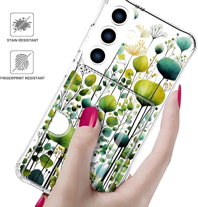 Compatible with Samsung Galaxy S24+ Plus / S25+ Plus Case Card Holder for Women Cute Design,Wallet Phone Cases Transparent Cool Kawaii Protective (Clear Green Flower Leaves Buds)