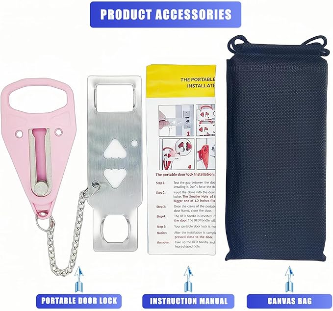 Portable Door Lock, Extra Lock for Additional Privacy and Safety in Apartment Home, Protect Family Security and Prevent Unauthorized Entry in Traveling, Home, Bedroom, Hotel, Apartment. (Pink)