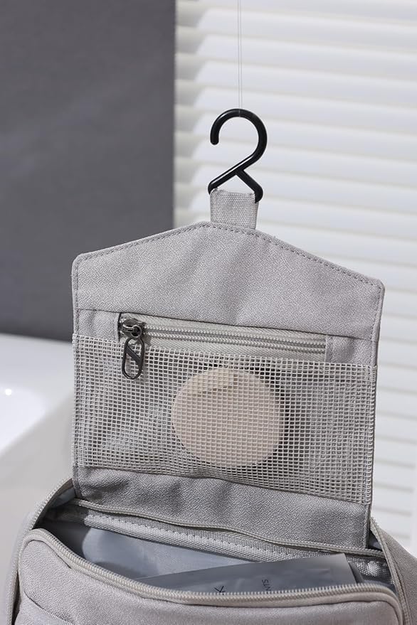 FabDay Travel Toiletry Bag with Hanging Hook Water-Resistant Cosmetic Case Makeup Bag Portable, Travel-Sized Container for Men, Silver Gray