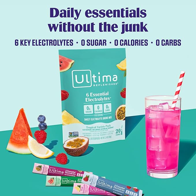Ultima Replenisher Daily Electrolyte Powder – Tropical Variety Pack, 20 Stickpacks – Zero Sugar Hydration Packets with 6 Electrolytes and Minerals – Sugar Free, Plant Based & Keto Friendly Drink Mix