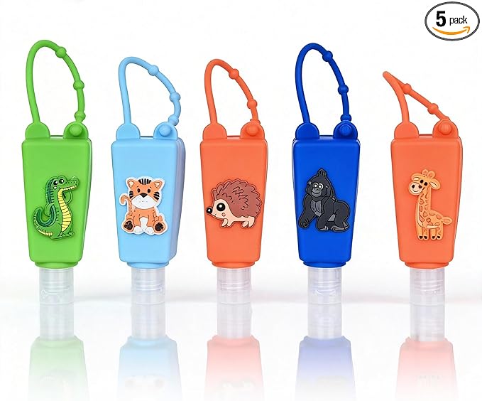 5-Pack Cartoon Kids Hand Sanitizer Holder, 30ml Travel Size Refillable Bottles with Silicone Case, Leak-Proof Portable Containers for Lotion & Liquid Soap (Animal Friends)
