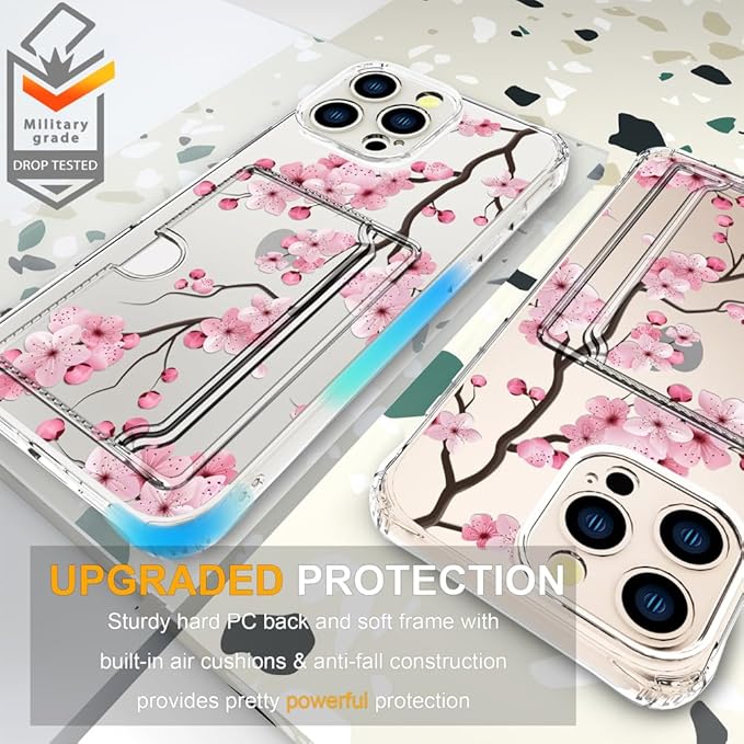 Compatible with iPhone 16 Pro Max Case Card Holder for Women Cute Design,Wallet Phone Cases Transparent Cool Kawaii Protective (Clear Sakura Peach Cherry)