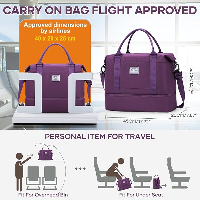 Travel Duffel Bag, 18x14x8 Inches Travel Bag Spirit with Shoes Compartment, Weekender Overnight Bag for Women with Trolley Sleeve, Carry On Bag for Airplanes Sport Tote Gym Bag DeepPurple