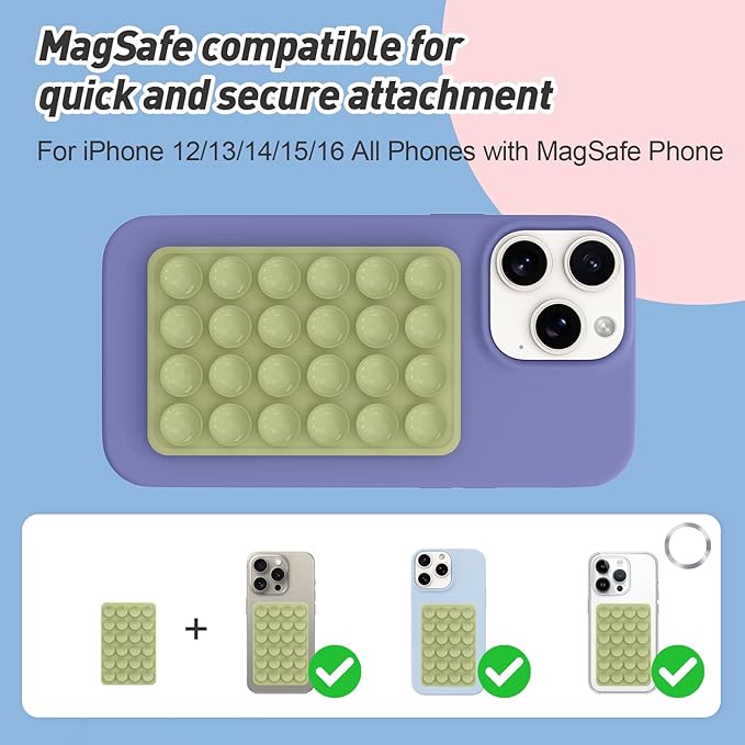 Magnetic Suction Phone Mount for MagSafe Case,Silicone Sticky Phone Grip Holder for iPhone,Removable Hands-Free Selfie/Video for TikTok & Instagram Influencer/Creator (Green)