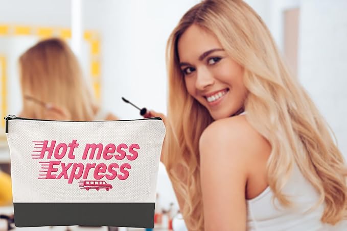 ZUYUROU Funny Makeup Bag for Women - Hot Mess Express Sassy Pink Quote Pouch - Y2K Preppy Style Canvas Cosmetic Organizer - Hilarious Gift for Best Friend, Busy Mom & College Student