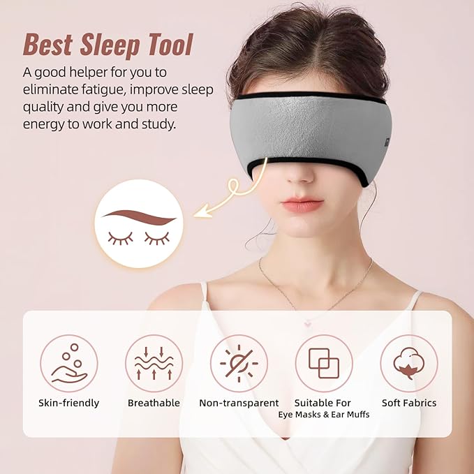 Sleep Mask with Adjustable Heads, Earmuffs for Sleep, Ear Warmers for Men & Women, 2 in 1 Ear Mask and Eye Cover, Comfortable & Soft for Side Sleepers (Grey)
